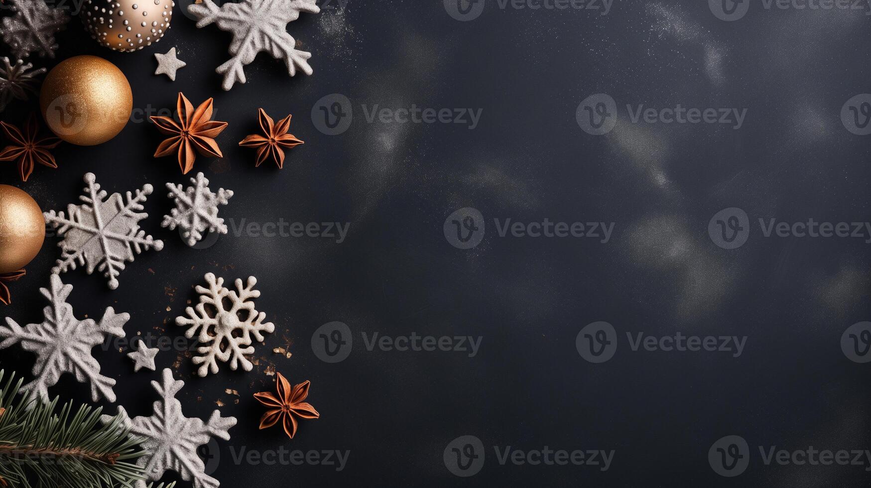 AI generated minimalistic background with copper decorations - Christmas balls, pine branches and cones on a dark gray background photo