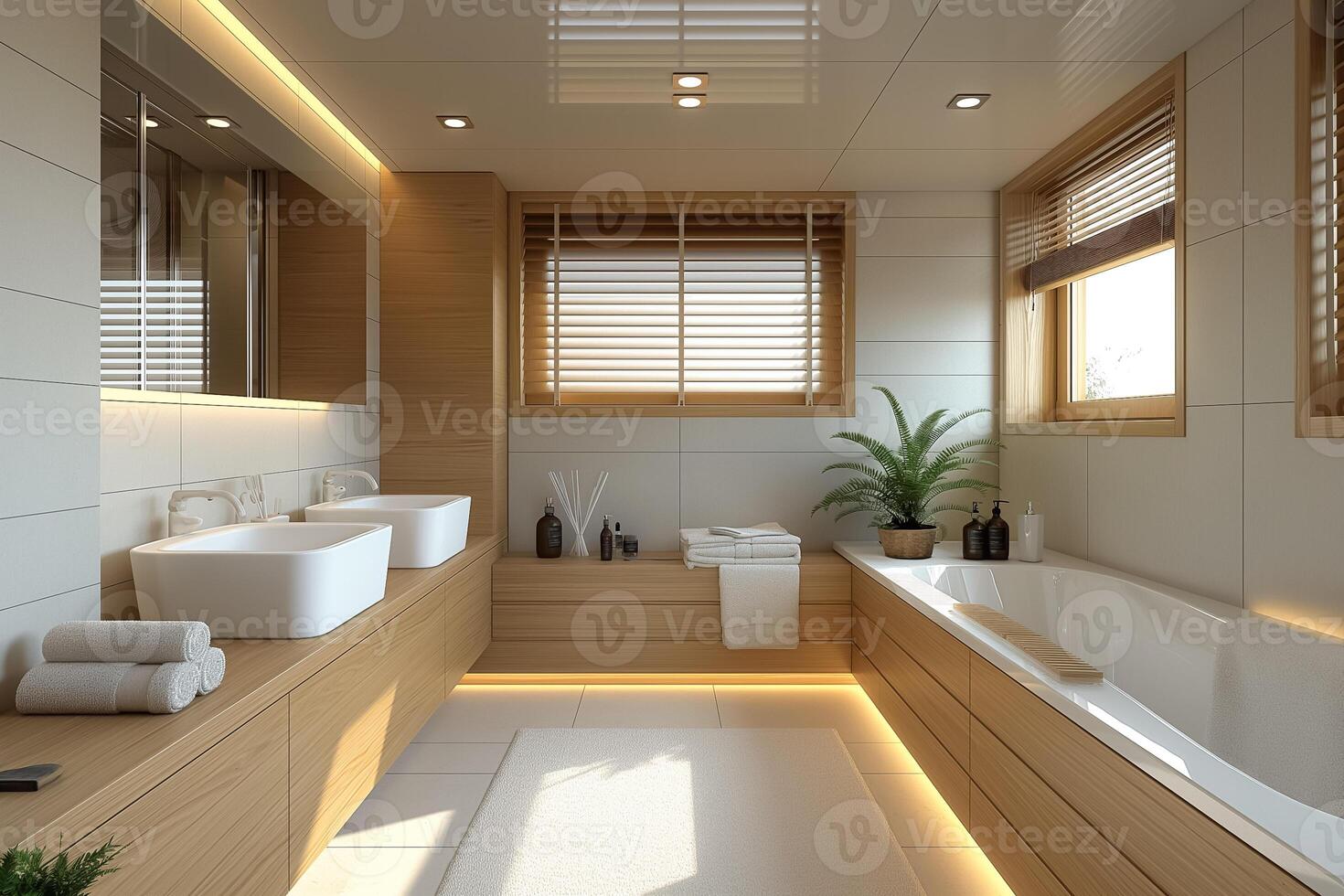 AI generated interior design of a modern bright bathroom with white ceramics and wooden fittings photo