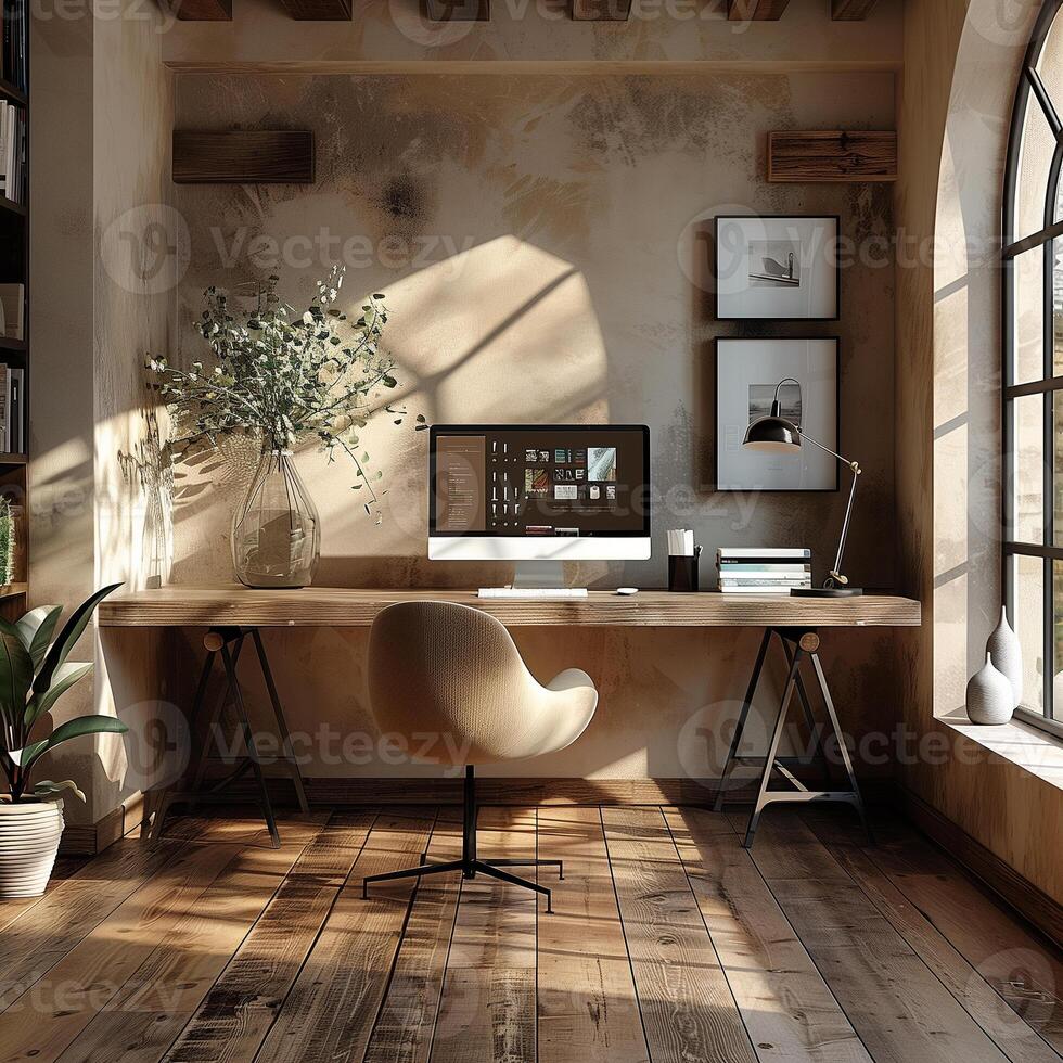 AI generated design of a workspace in the corner of a room with a modern desk, chair and computer photo