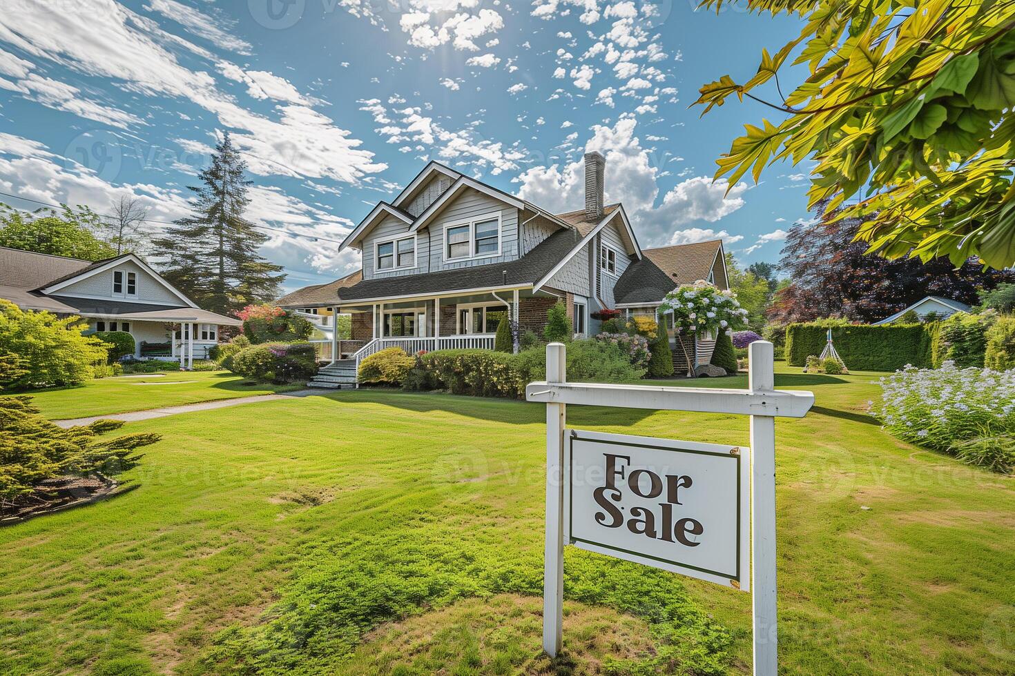 AI generated A beautiful modern country house for sale with a For Sale sign in front of the house photo