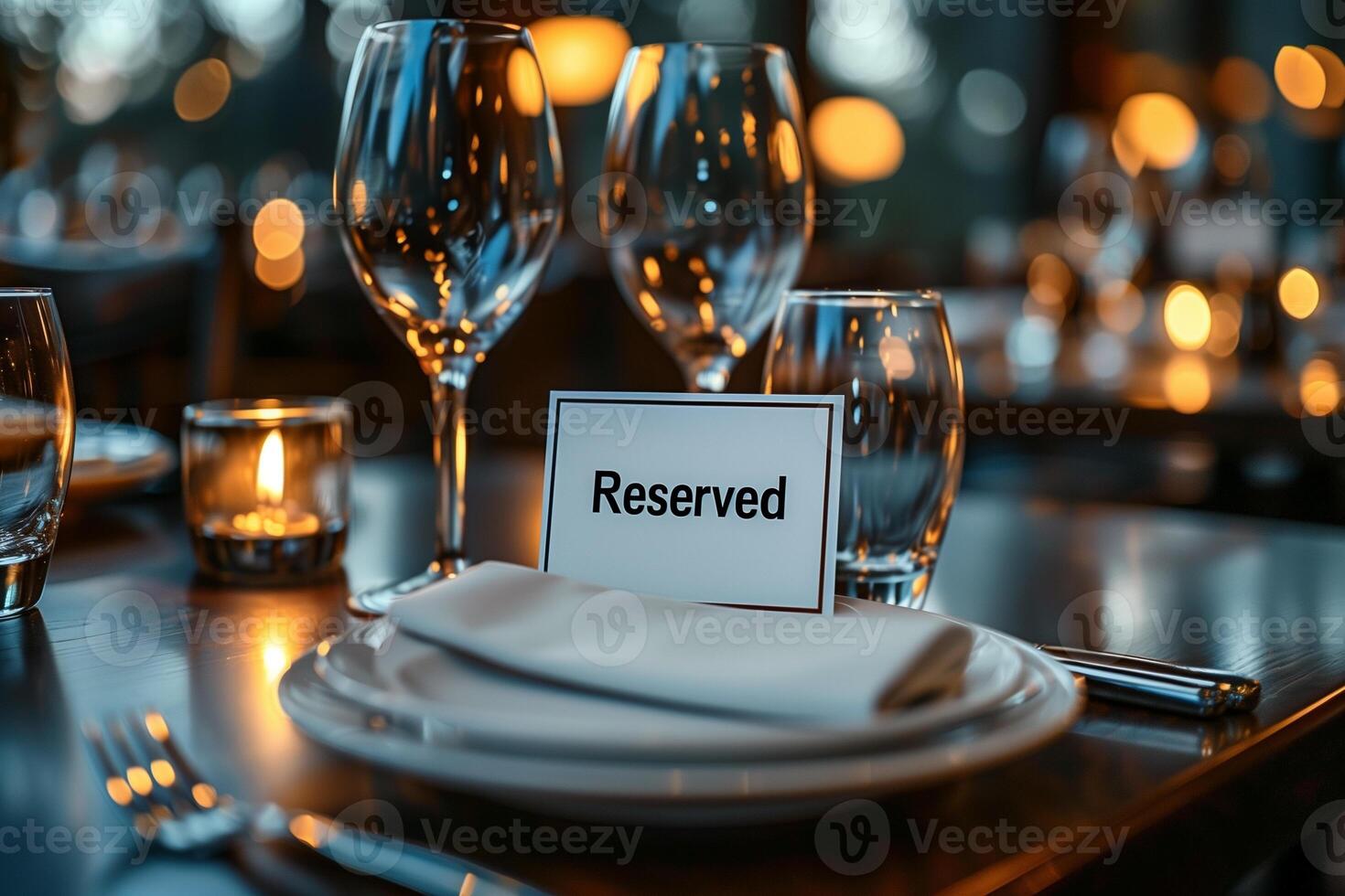 AI generated beautifully set table in an expensive restaurant with wine glasses and white plates and a sign with the inscription Reserved photo