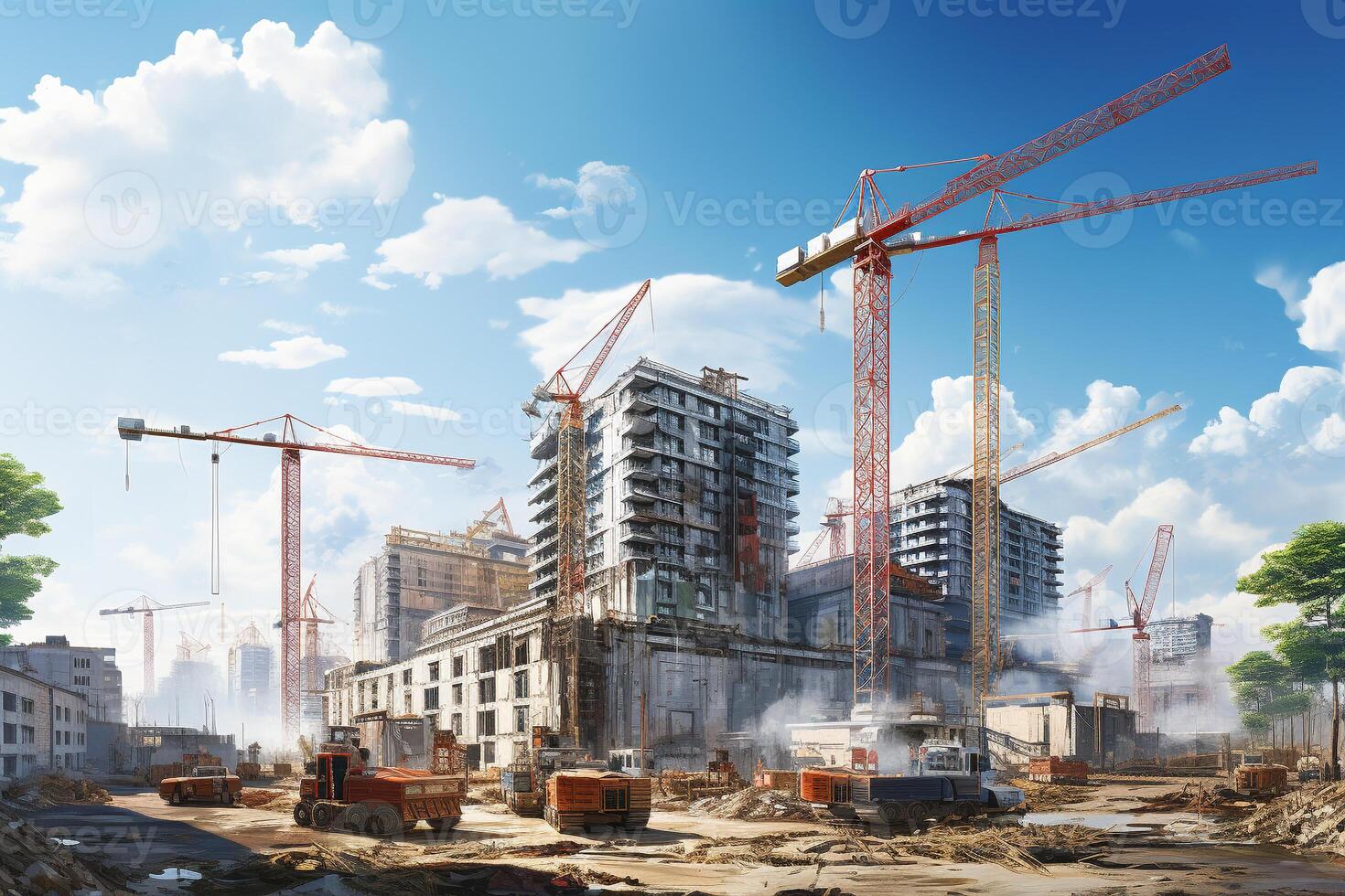AI generated high-rise cranes and construction equipment on the construction of high-rise buildings photo