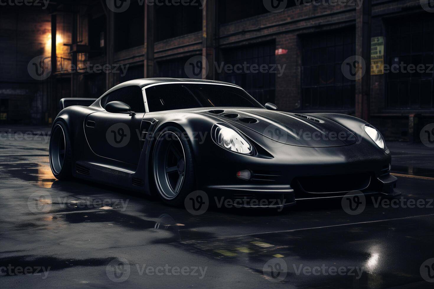 AI generated beautiful black car on dark asphalt photo