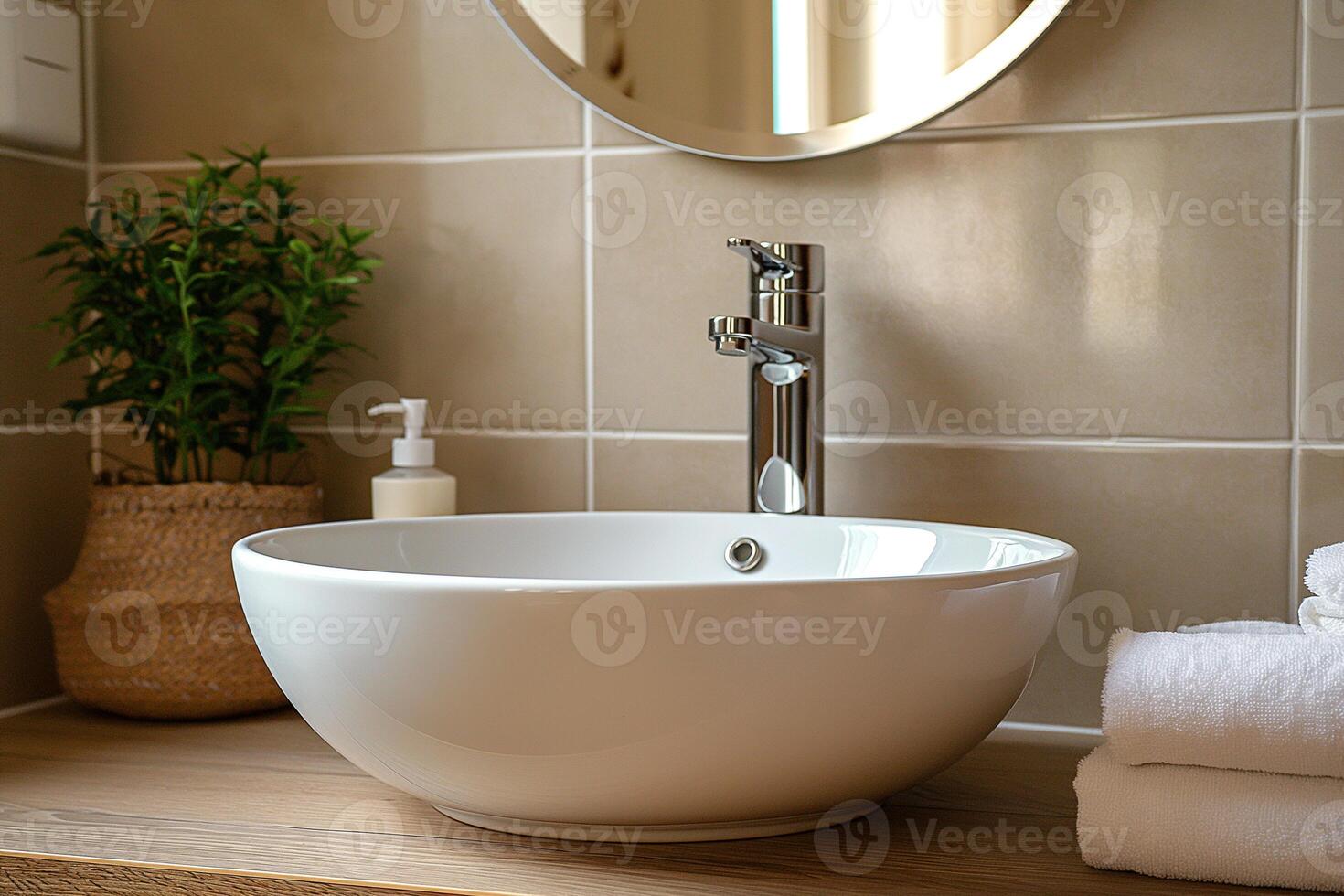 AI generated White ceramic sink and chrome faucet, round mirror on a beige wall, modern bathroom interior design photo