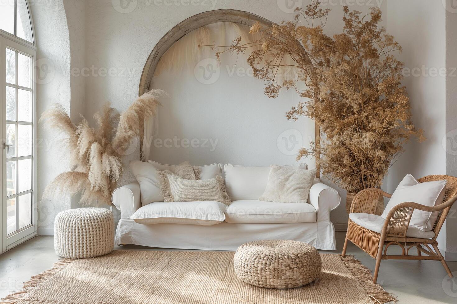 AI generated living room interior design, modern furniture and decorative arch with dried flowers, white sofa and armchair photo