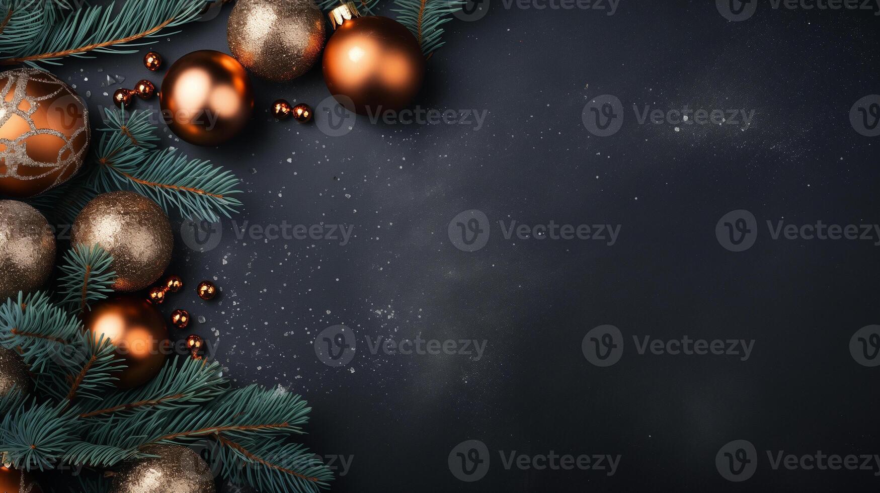 AI generated minimalistic background with copper decorations - Christmas balls, pine branches and cones on a dark gray background photo