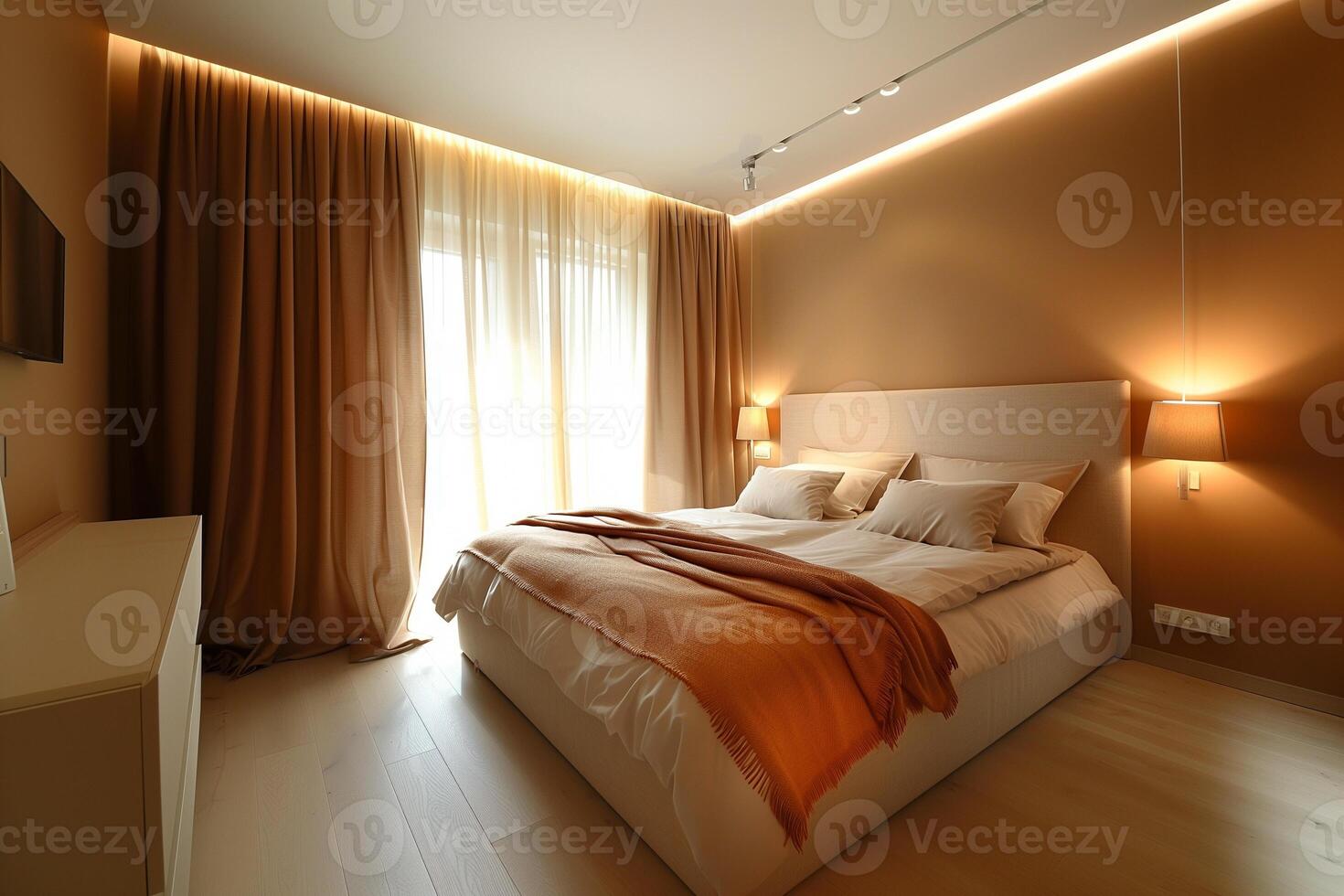 ai generado dormitorio interior diseño en escandinavo estilo en terracota y beige tonos foto