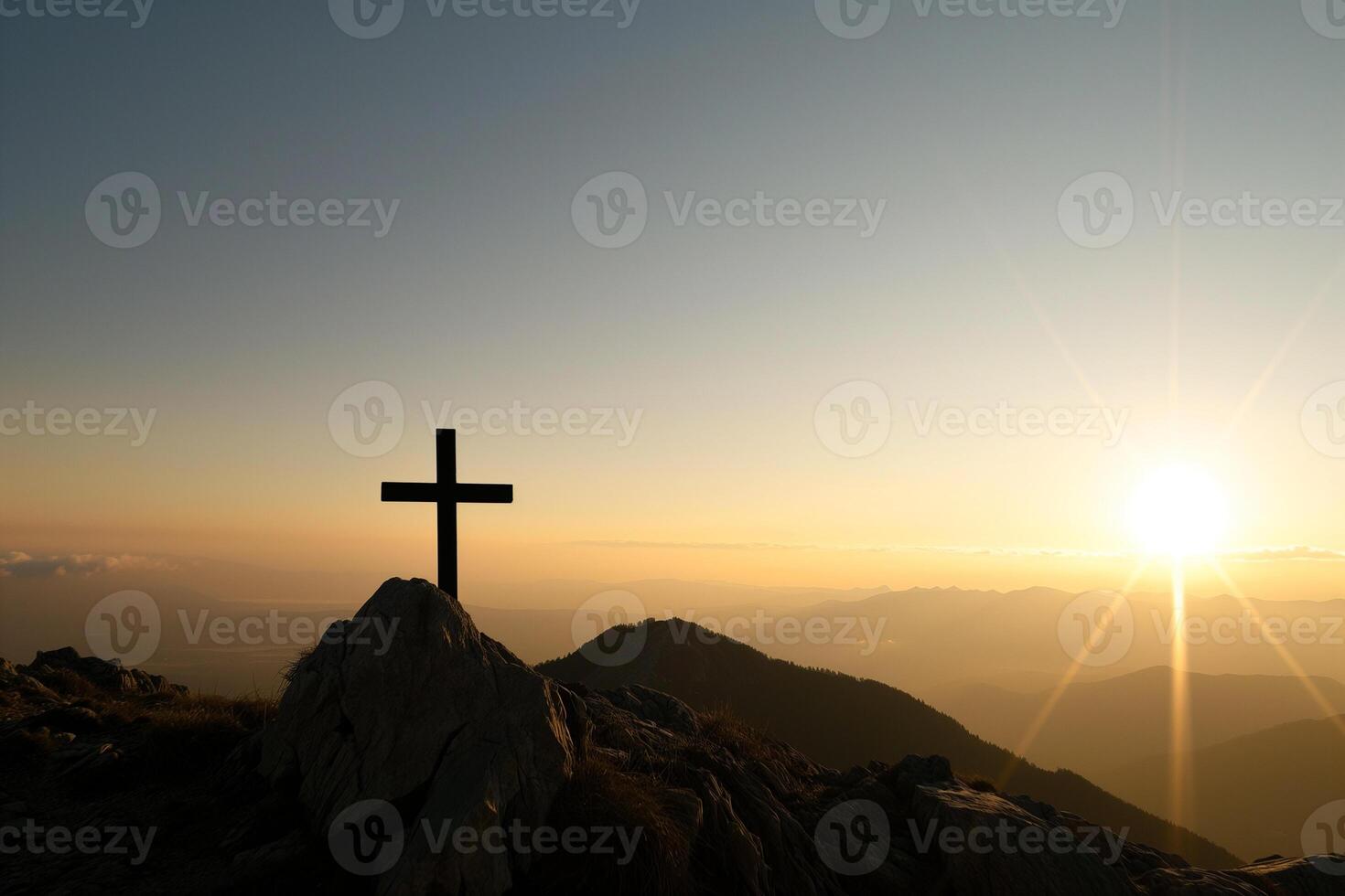 ai generado cruzar en el montaña, símbolo de el crucifixión en el rayos de el creciente sol, fe, esperanza foto