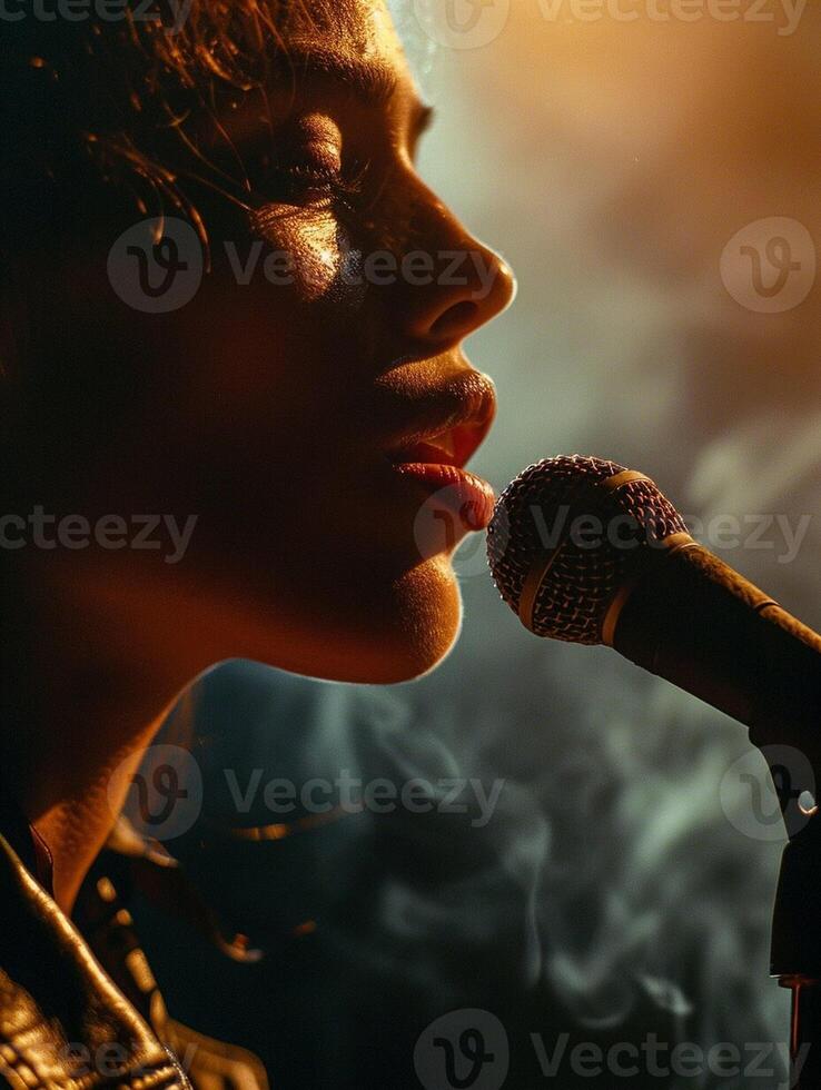 AI generated A woman is singing into a microphone with smoke coming out of her mouth photo