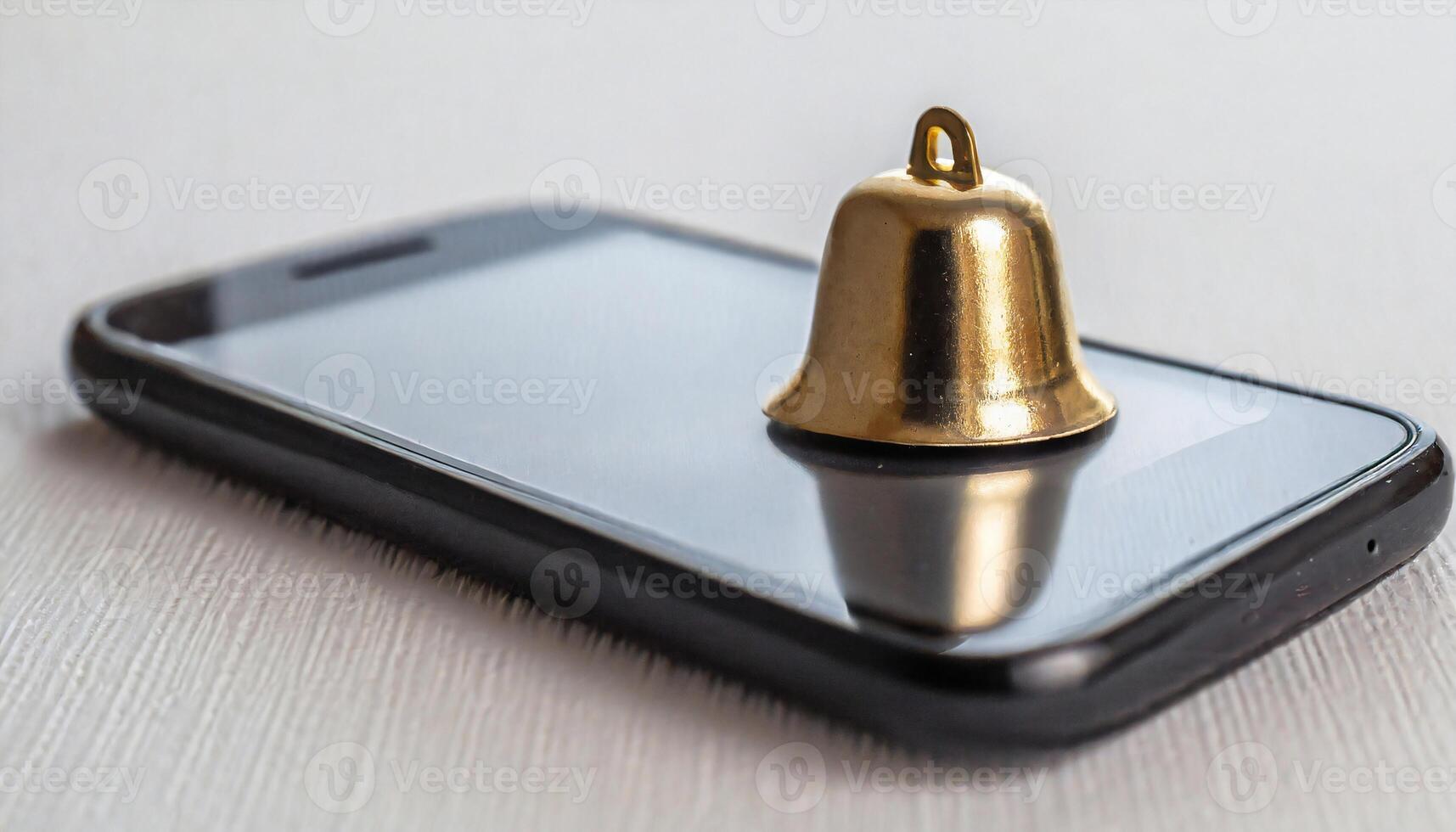AI generated Notification message bell alert and alarm on blurred desk with close up smartphone reminder. photo