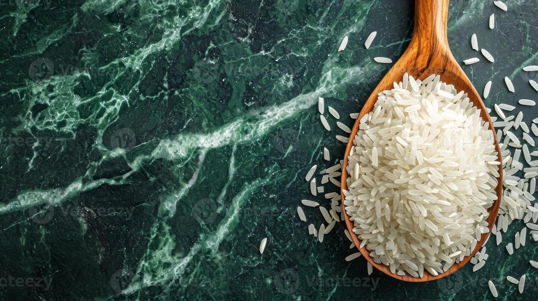 AI generated Spoon of uncooked rice on green marble table, top view. Banner with copy space. Concept of cooking ingredient, food, healthy nutrition, cereal grain, and agricultural product photo