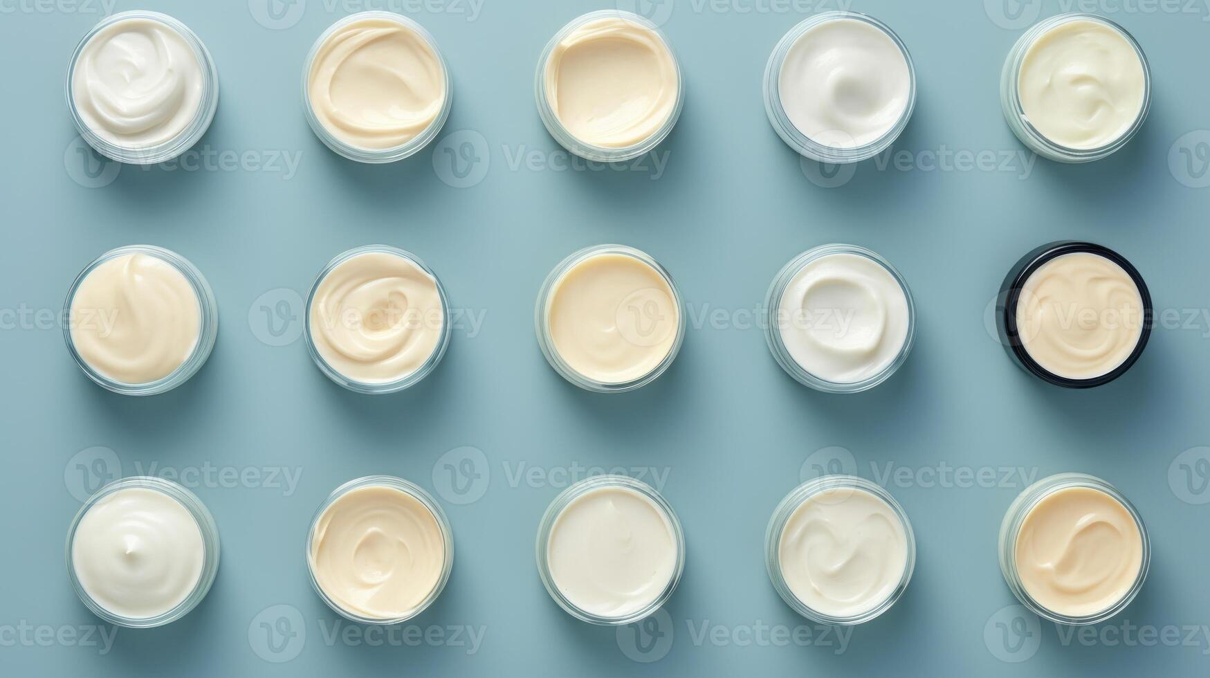 AI generated Variety of organic cosmetic creams for skin care in open jars on a blue background. Top view. Concept of skincare variety, cosmetics assortment, and beauty product display photo