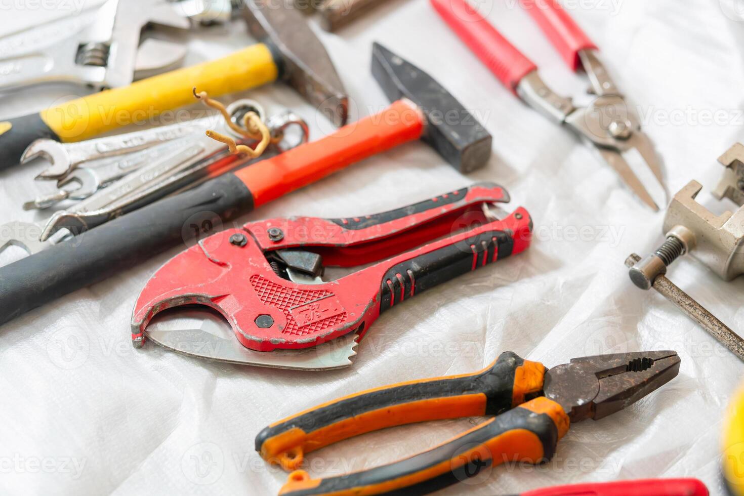 Set of Air conditioning repairman tools, Top view of working tools for install air conditioner photo