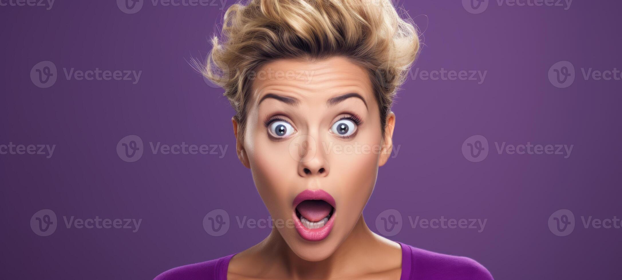 AI generated Shocked blonde lady, open mouth, wide eyes. Concept of shock, unexpected news, pleasant sale or offer, joyful reaction, promotional content. Purple backdrop. Wide banner with copy space photo