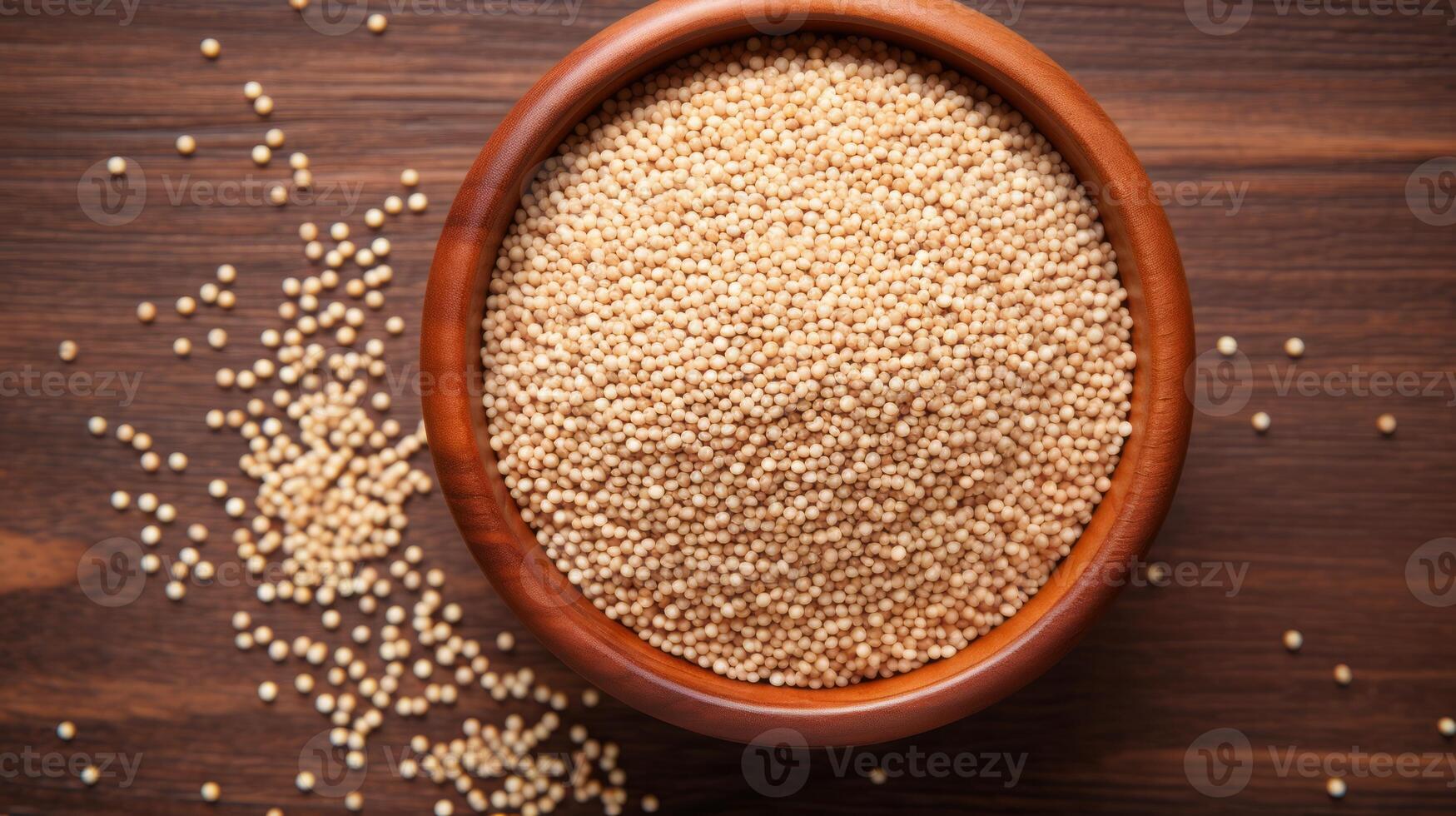 AI generated Dry couscous grains in wooden serve ware. Concept of North African diet, versatile cooking, and whole grain nutrition. Top view. photo