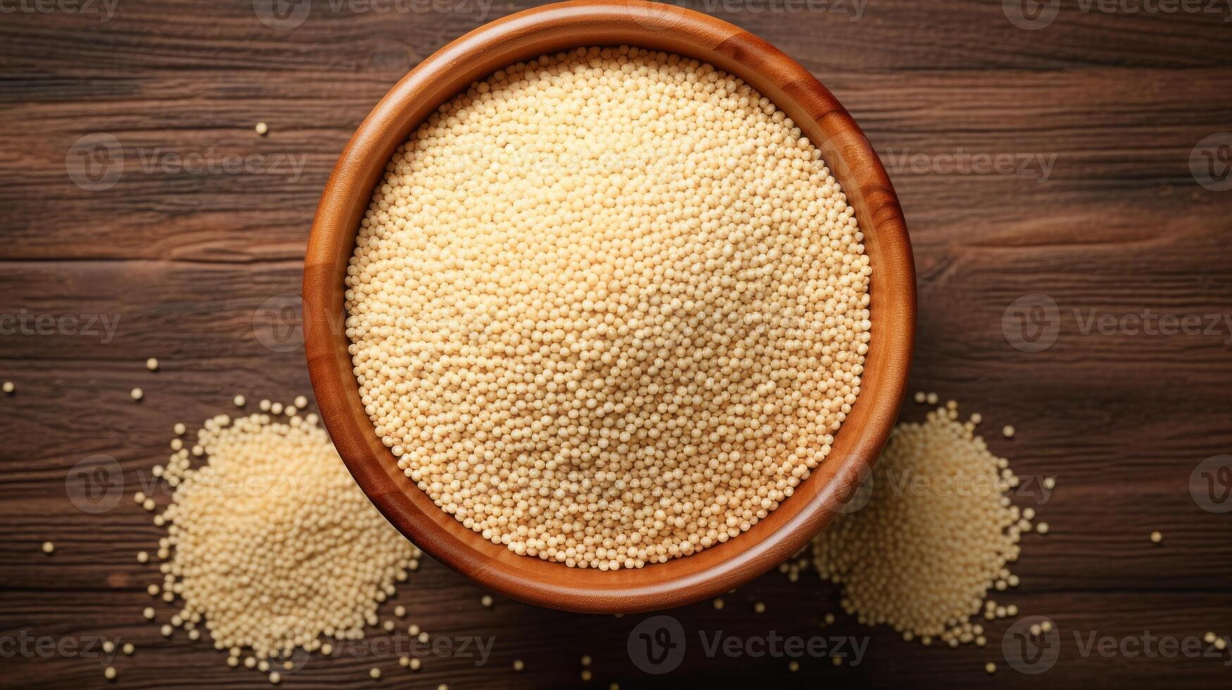 AI generated Bowl of uncooked quinoa on a wooden table. Concept of healthy eating, whole grains, and nutritious food options. Top view. photo