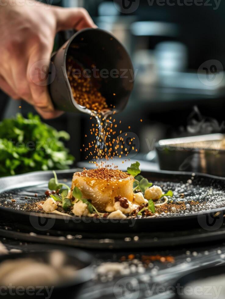 AI Generated Chef meticulously adding sauce to a scallop entree, finalizing the dish photo