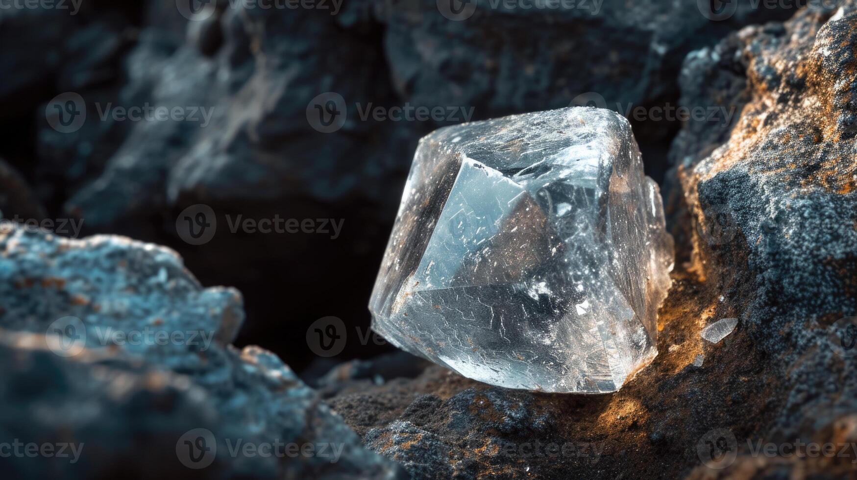 AI Generated A clear, uncut diamond resting on rugged stones. photo
