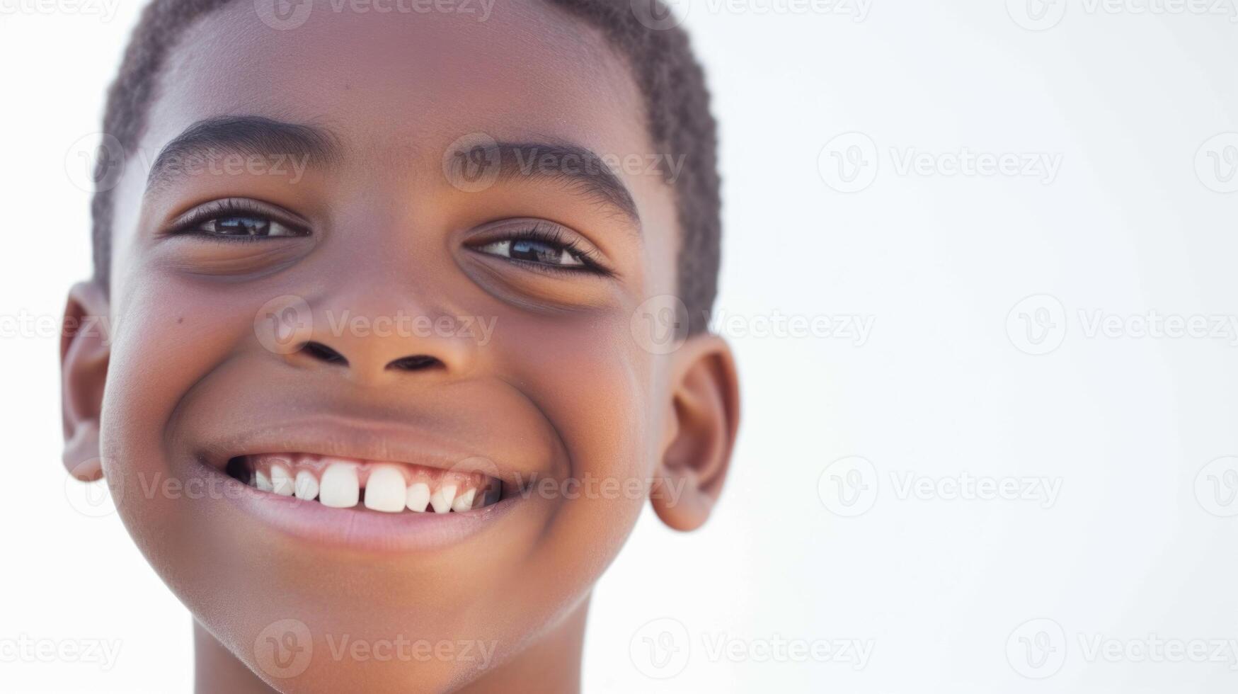 AI Generated Close-up of a cheerful African boy smiling brightly outdoors photo