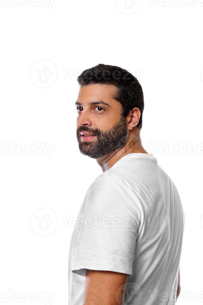 young man with a beard in several different situations photo
