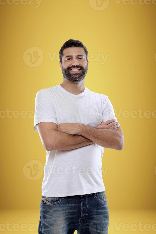 young man with a beard in several different situations photo