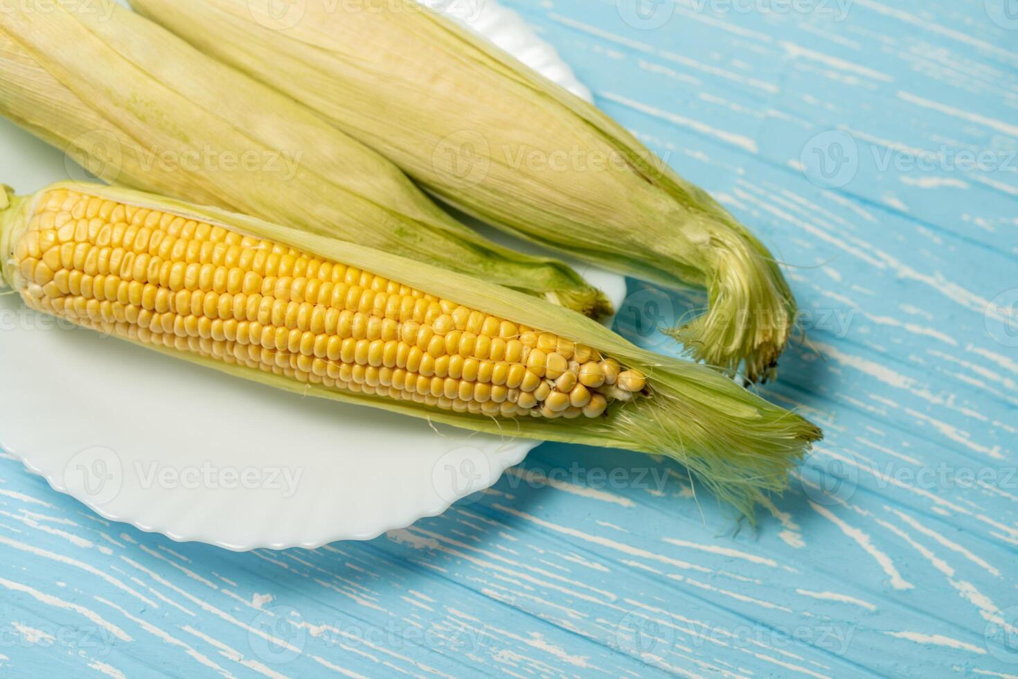 Corn cob with green leaves lies on white plate blue color background. photo