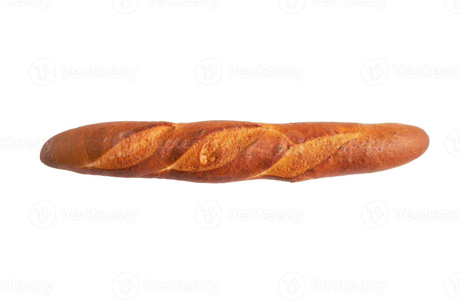 one crispy french baguettes isolated on white background  with free space for text photo
