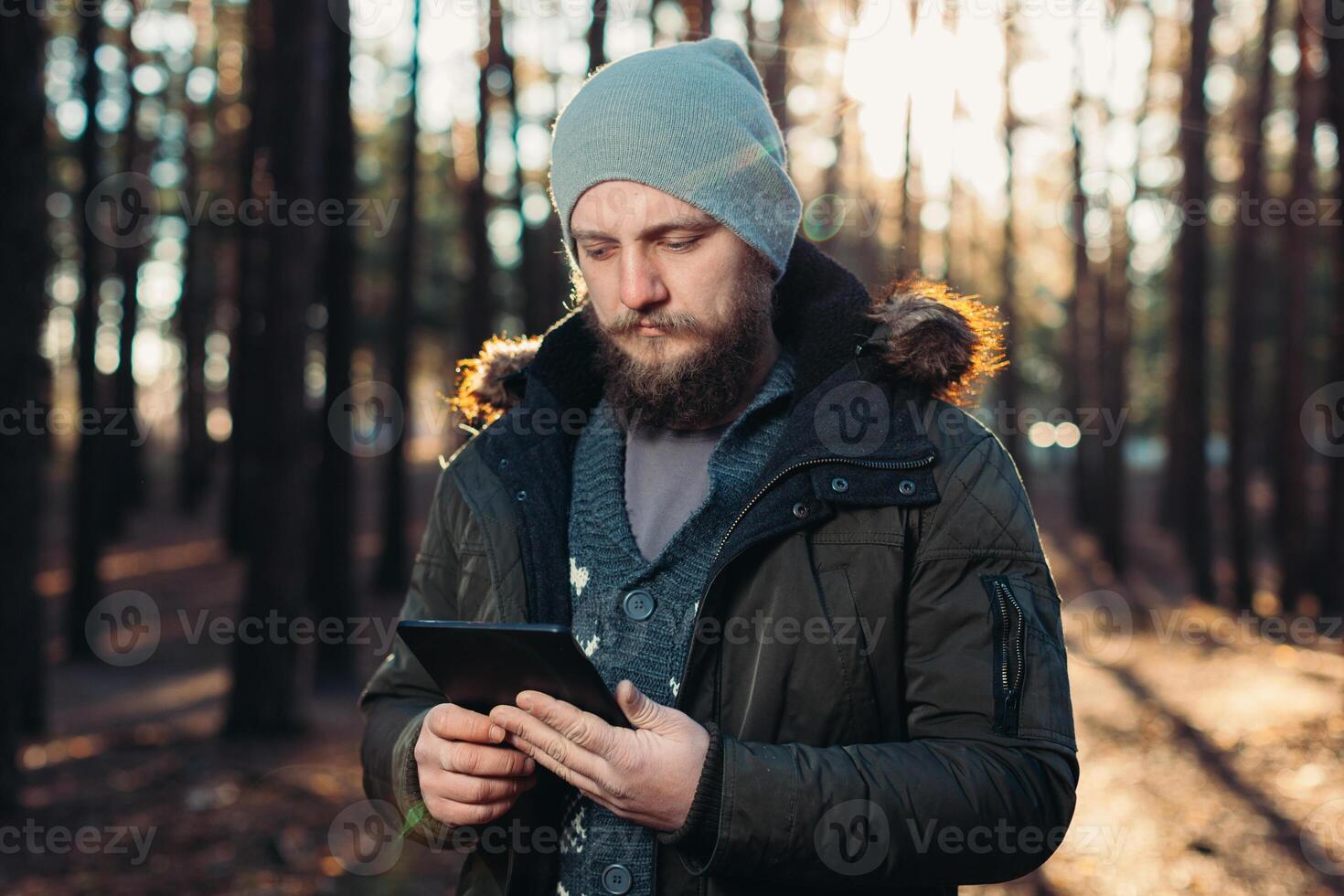 Portrait of adult man walking in the pine forest with digital tablet. photo