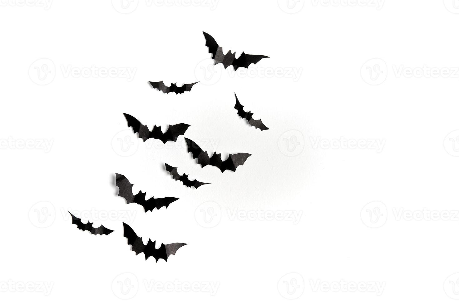 Halloween decoration concept black paper bats white cardboard background photo