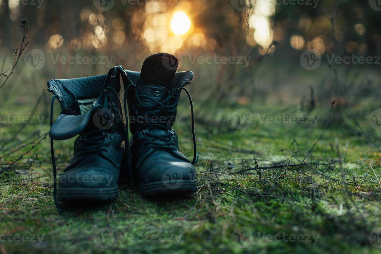 Close up of vintage pair of walking boots on boulder grassland background. photo