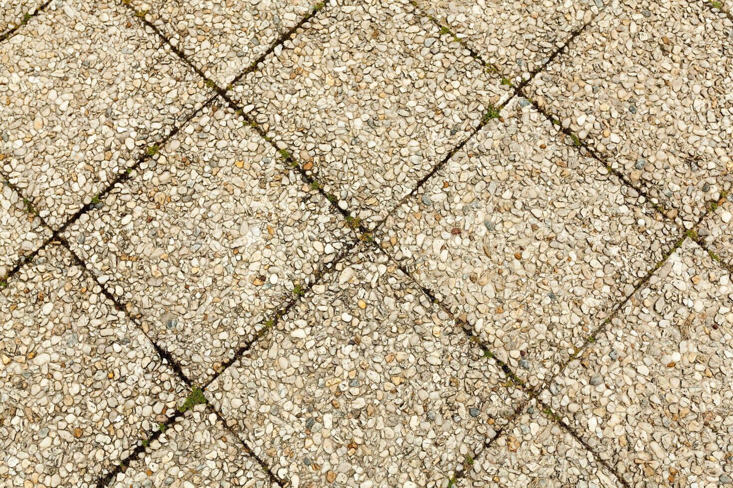 Pebble stone floor tile seamless background. Cement mixed gravel pebble stone floor texture. Wet round pebble stone rock floor in dramatic lighting. photo