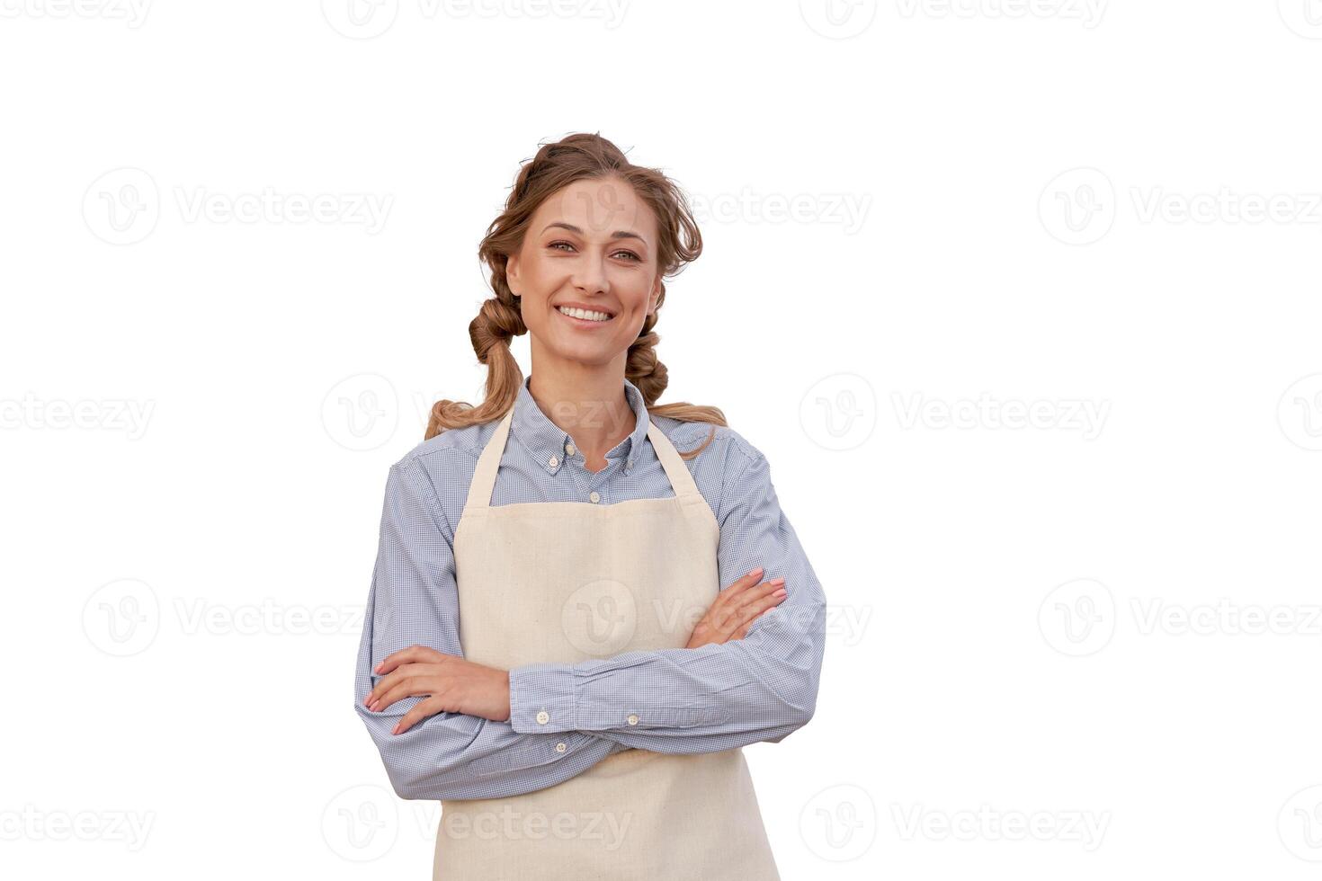Woman dressed apron white background Caucasian middle age  female business owner in uniform photo