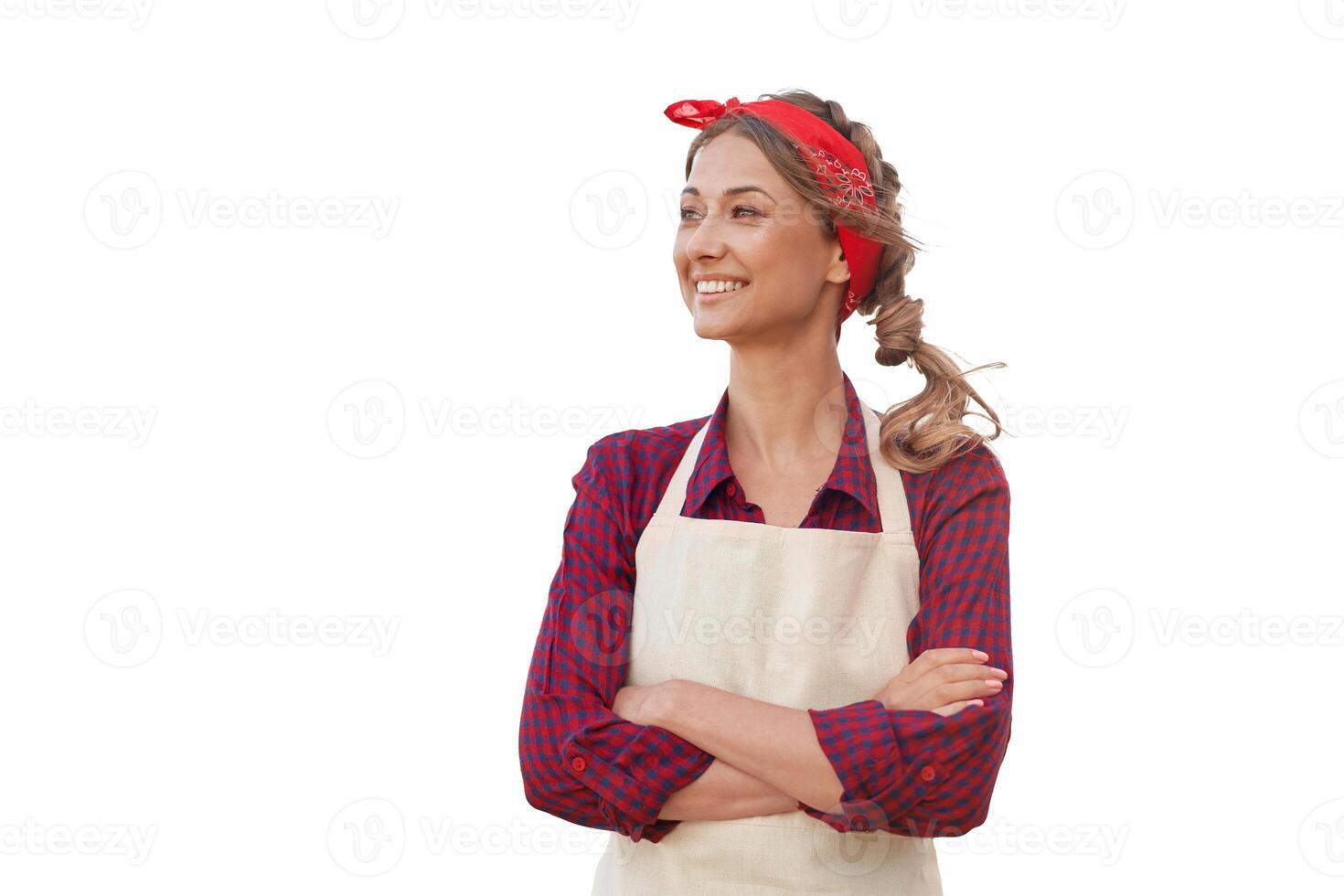 Woman dressed apron white background Caucasian middle age  female business owner in uniform photo