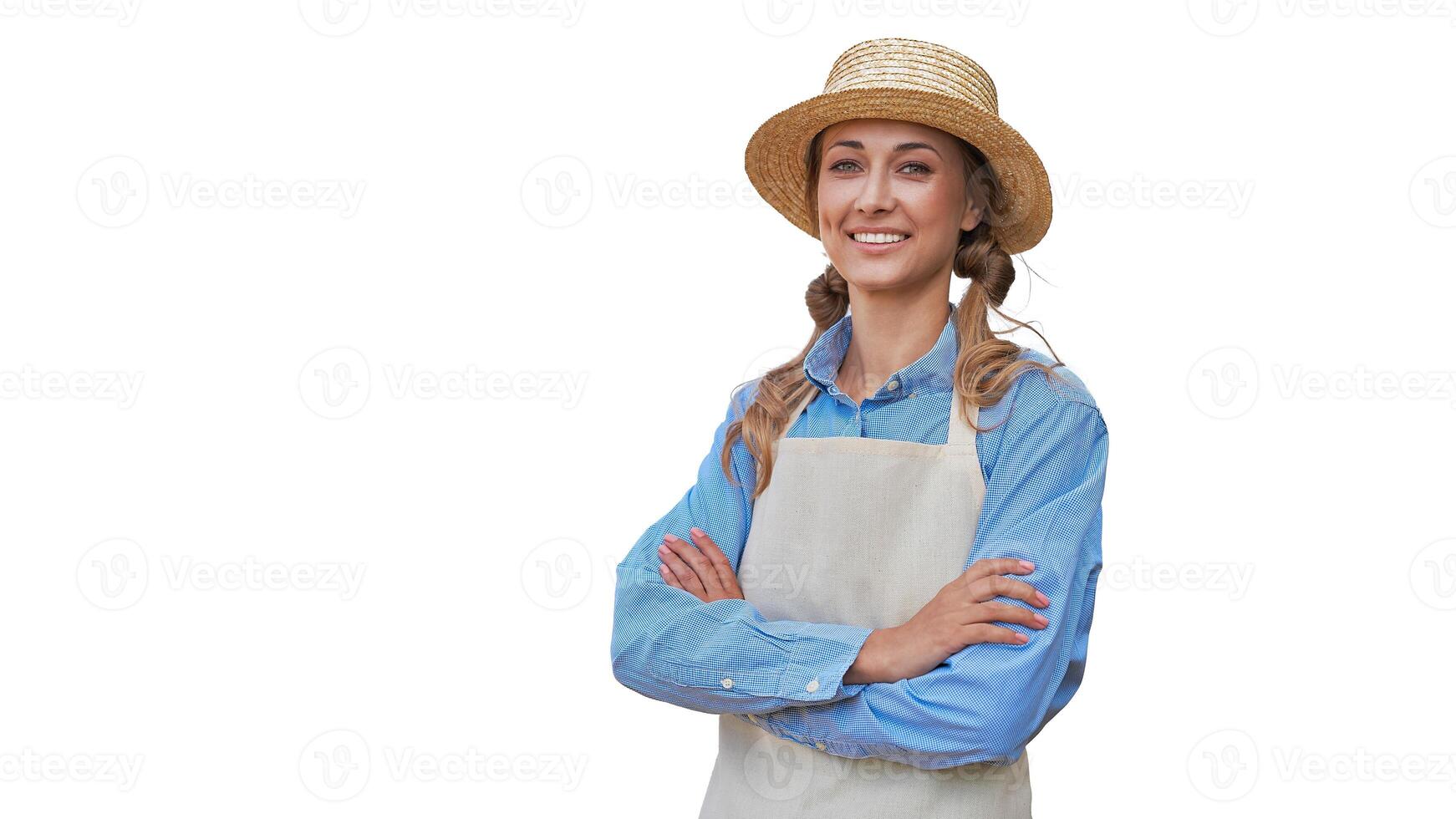 Woman dressed apron white background Caucasian middle age  female business owner in uniform photo