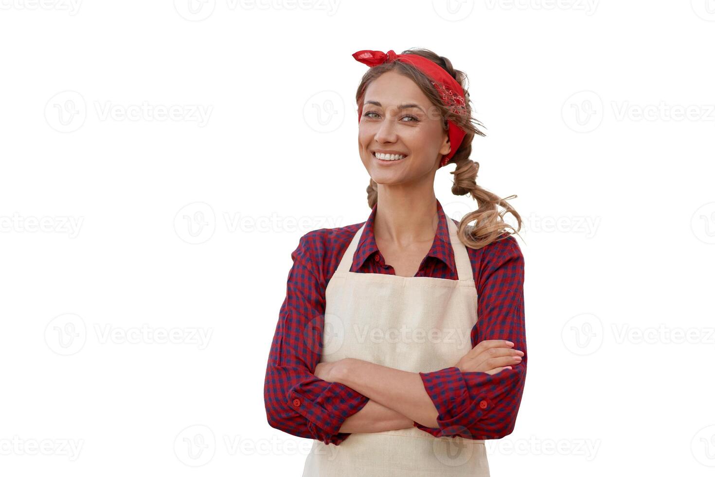 Woman dressed apron white background Caucasian middle age  female business owner in uniform photo