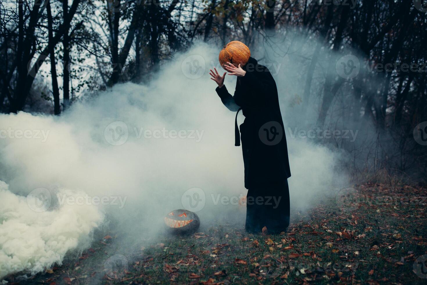 un hombre en un largo negro Saco con un calabaza en lugar de un cabeza en un terrible noche bosque, húmedo y niebla. foto