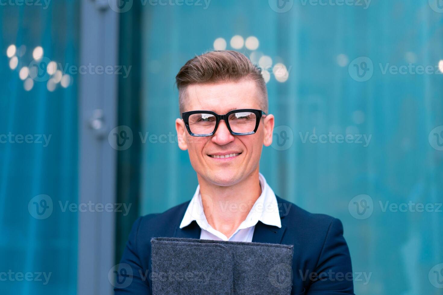 Business. Businessman Glasses Standing City Street Near Office Building photo