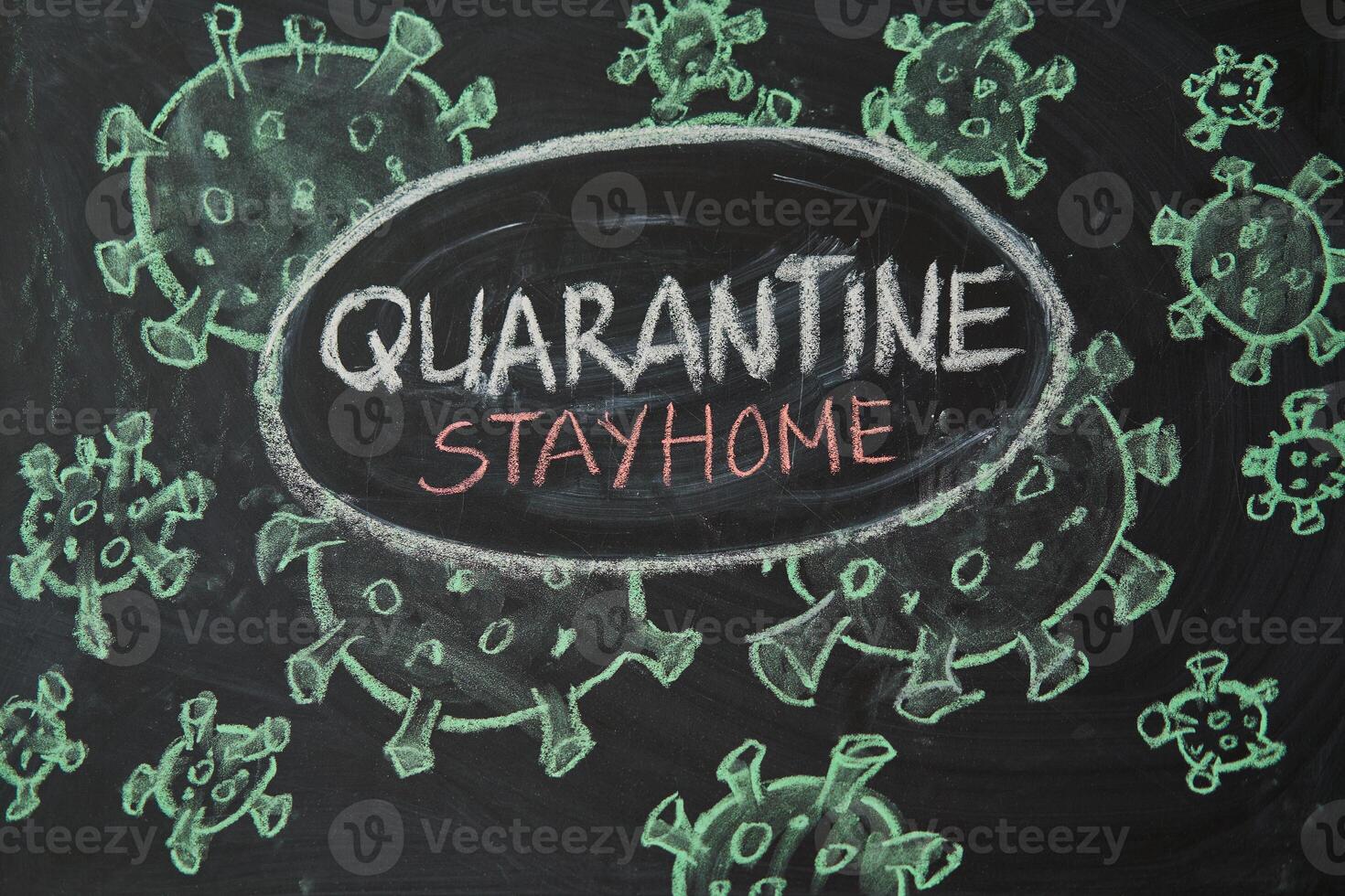 Quarantine. Outbreak Warning. written white chalk on blackboard in connection with epidemic of coronavirus worldwide. photo