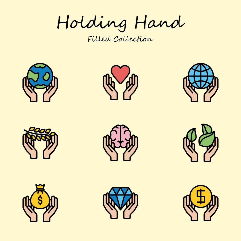 Holding Hand Editable Icons Set Filled Line Style. Hand, earth, conservation, love, money. Filled Collection vector