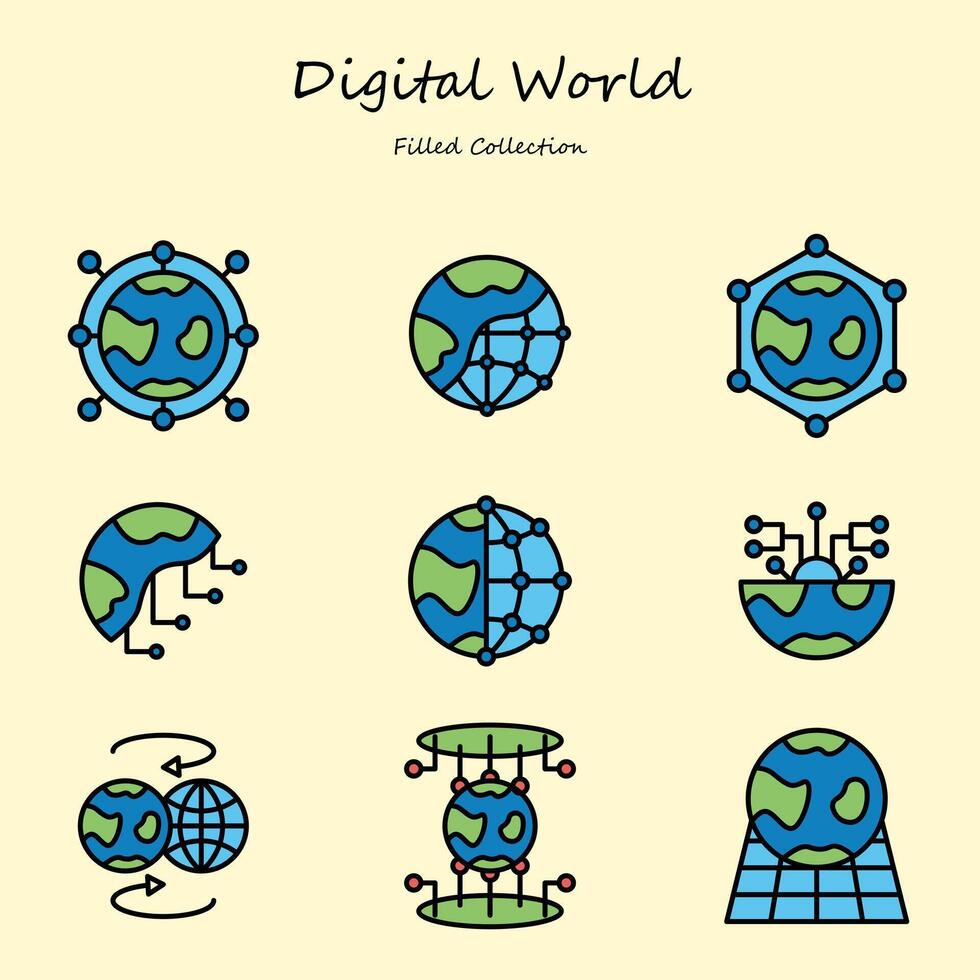 digital world editable icons set filled style vector