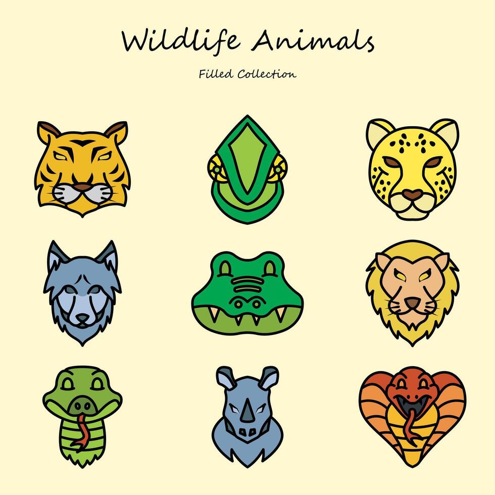 wildlife editable icons set filled line style. with various shapes. tiger, lion, wolf, cheetah, crocodile. filled collection vector