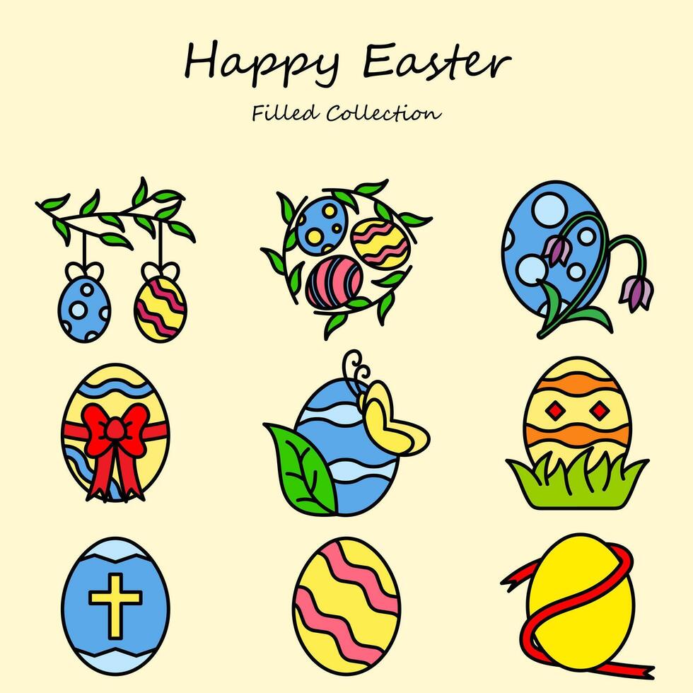 Pascua de Resurrección huevo editable íconos conjunto lleno línea estilo. Pascua de Resurrección, huevo, flor, planta, cruzar. lleno colección vector