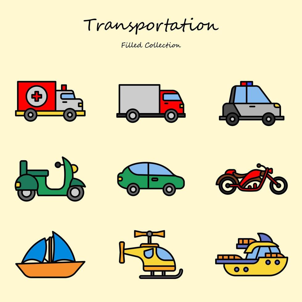 transportation editable icons set filled line style. with various shapes. car, motorcycle, boat, helicopter, ship. filled collection vector
