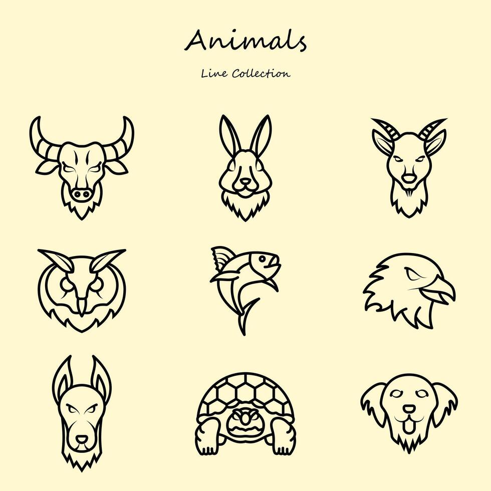 animals editable icons set line style. with various shapes. eagle, owl, bull, tortoise, dog. outline collection vector