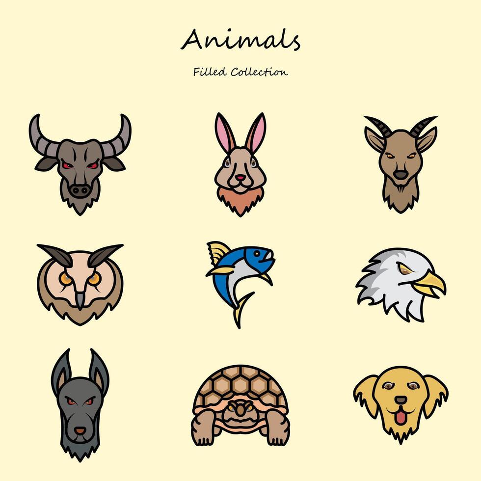 animals editable icons set filled line style. with various shapes. eagle, owl, bull, tortoise, dog. filled collection vector