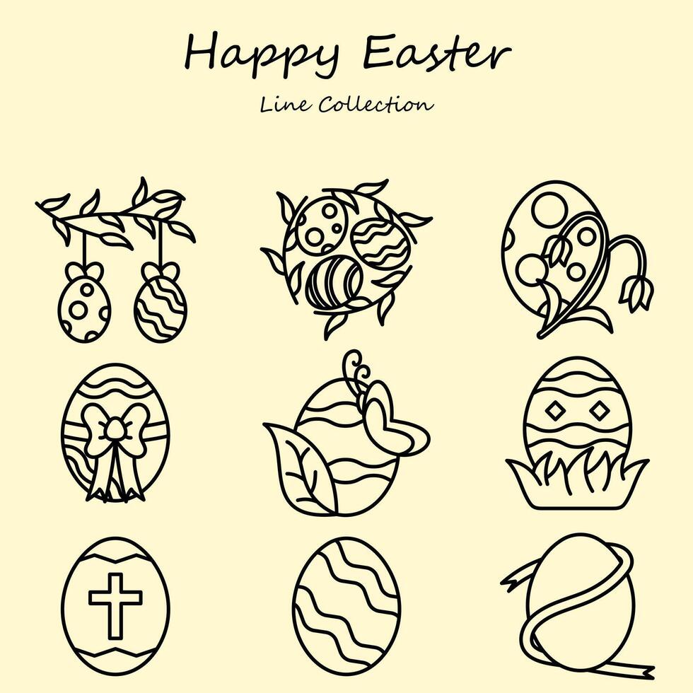 Easter Egg Editable Icons Set Line Style. Easter, Egg, Flower, Plant, Cross. Outline Collection vector