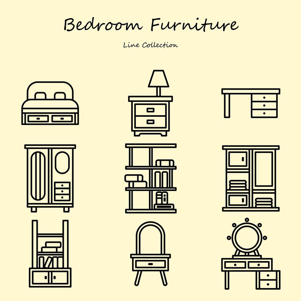 dormitorio mueble editable íconos conjunto contorno estilo vector