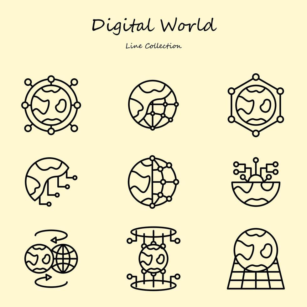 digital world editable icons set outline style vector