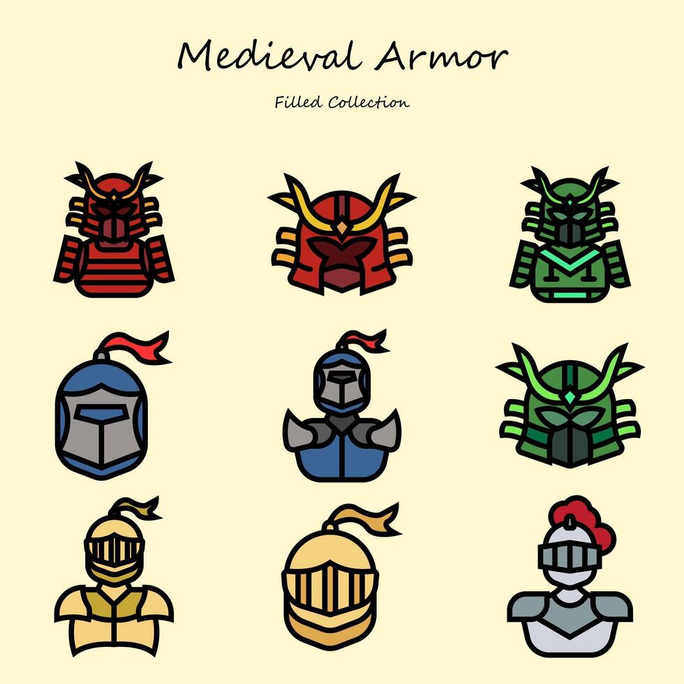 medieval armor editable icons set filled line style. with various shapes. armor, samurai, knight, helmet, warrior. filled collection vector