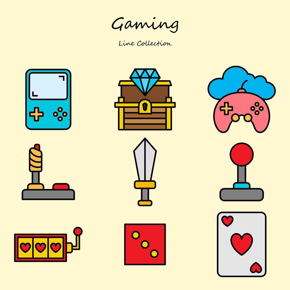 gaming editable icons set filled line style. with various shapes. game, console, card, sword. filled collection vector